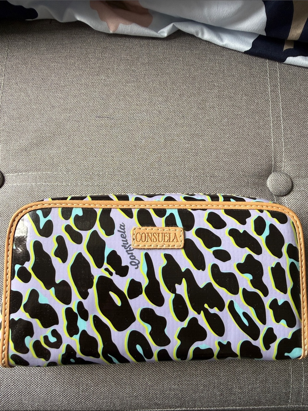 Consuela Lilac Leopard Print Zip Wallet with Tan Trim